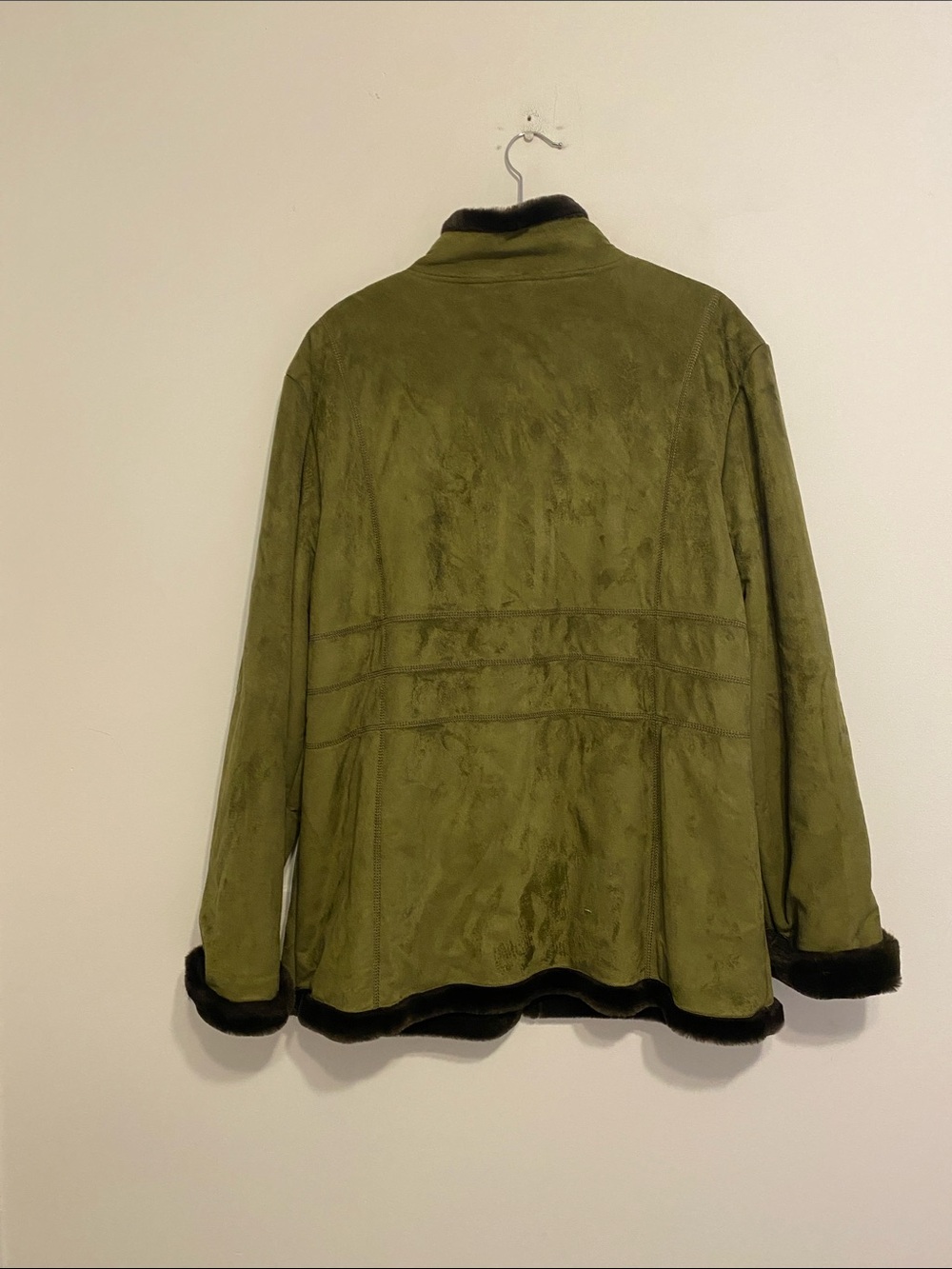 Regent Park Olive Faux-Suede Jacket with Dark Fur Trim, no signs of wear - Picture 4 of 9